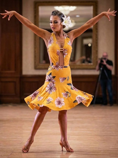 Malianna, yellow printed flower latin dance dress design, size S/M in stock